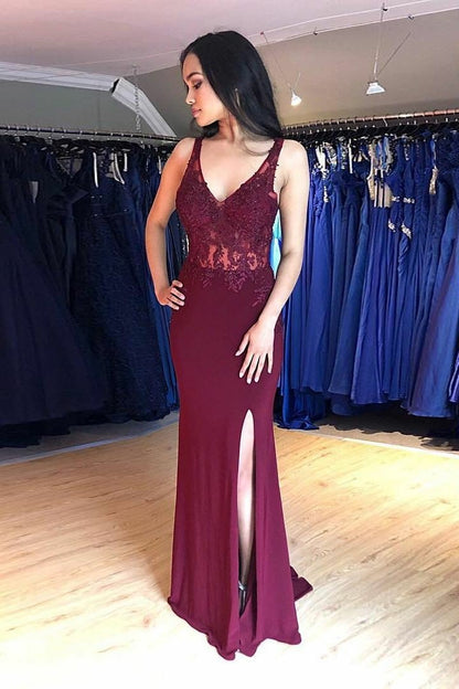 V-neckline Chiffon Long Evening Dress Lace Appliques Bodice