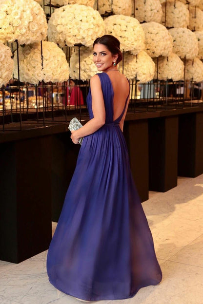 V-neckline Purple Evening Dress Formal Long Party Gown
