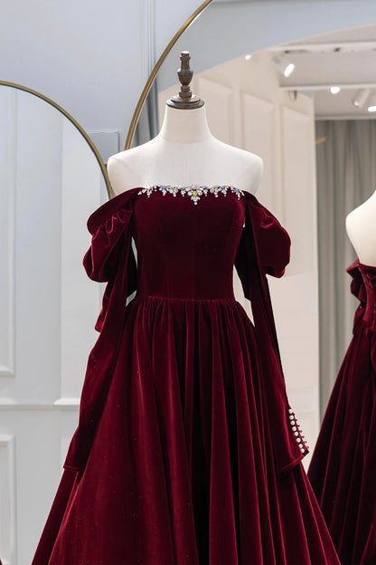 Burgundy Velvet Long Prom Dress, Elegant A-Line Party Dress