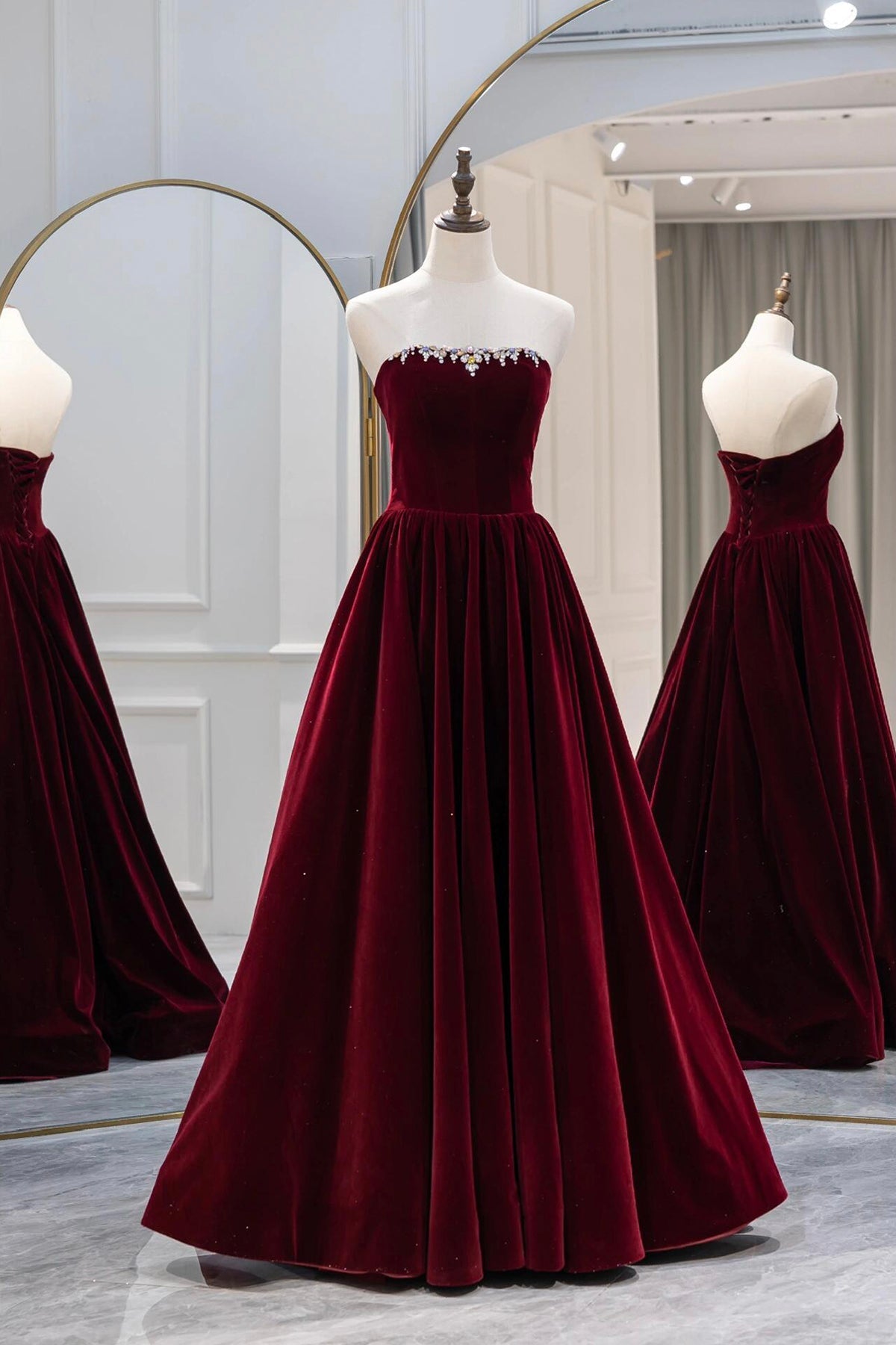 Burgundy Velvet Long Prom Dress, Elegant A-Line Party Dress