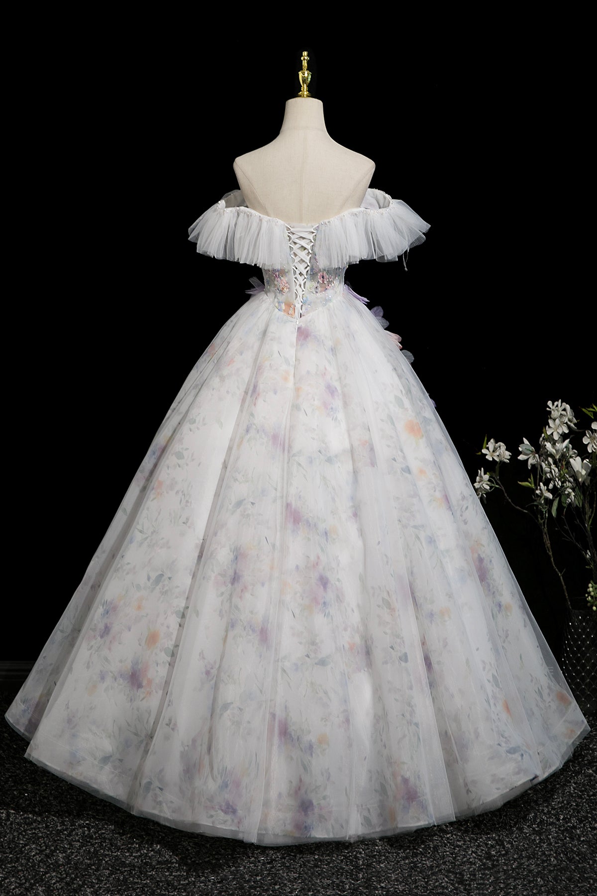 White Floral Print Tulle Long Prom Dress, Beautiful A-Line Party Dress