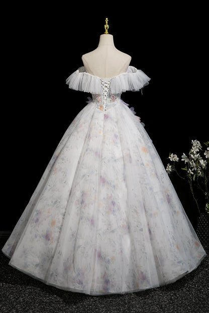 White Floral Print Tulle Long Prom Dress, Beautiful A-Line Party Dress