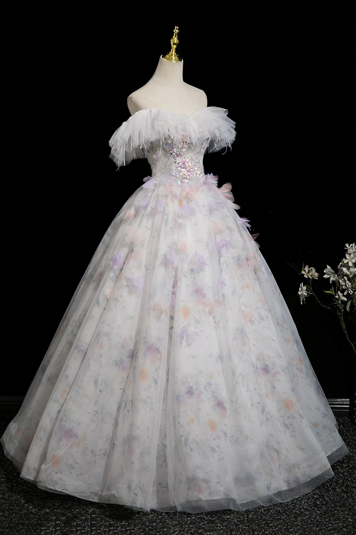 White Floral Print Tulle Long Prom Dress, Beautiful A-Line Party Dress