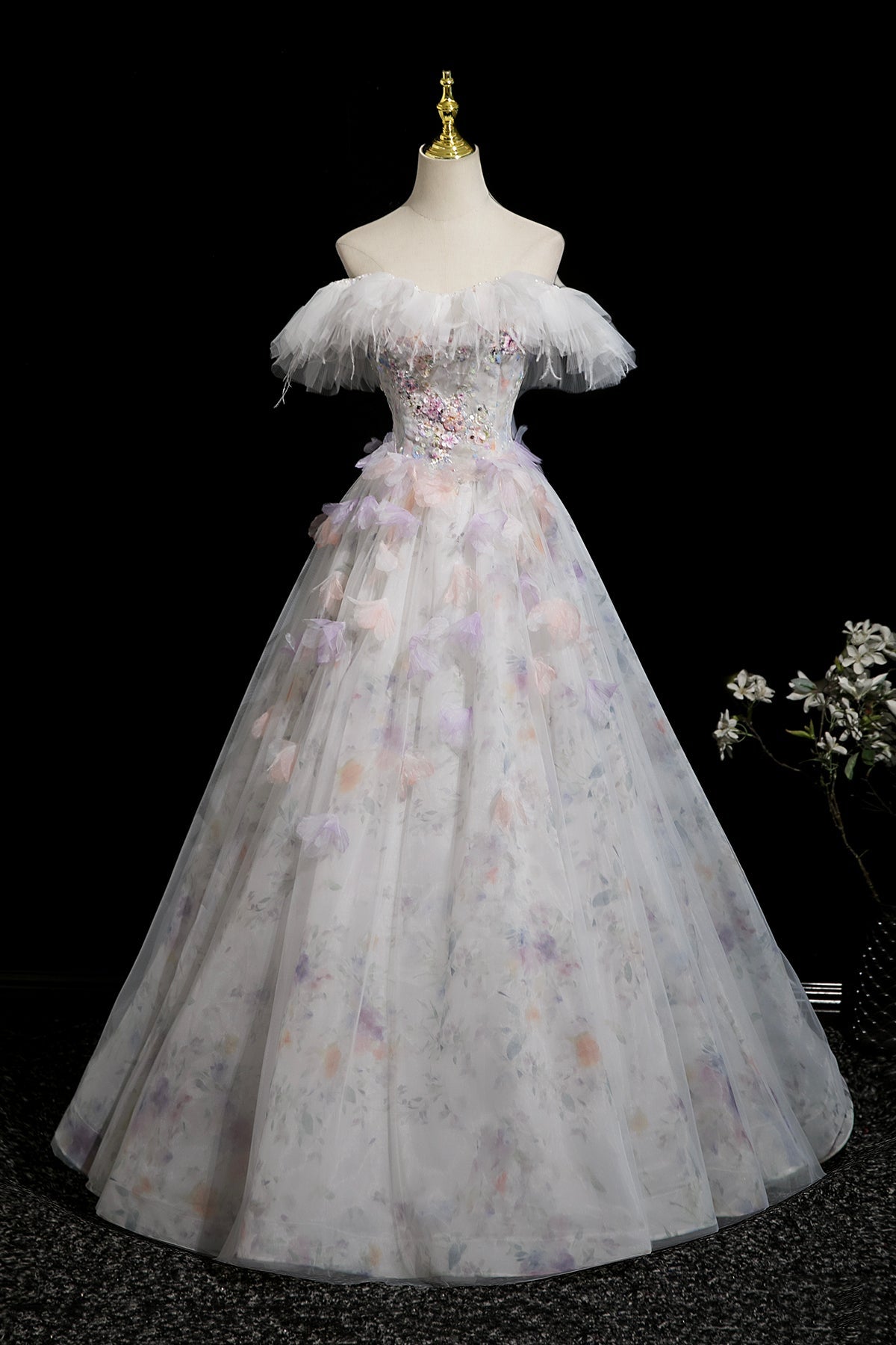 White Floral Print Tulle Long Prom Dress, Beautiful A-Line Party Dress