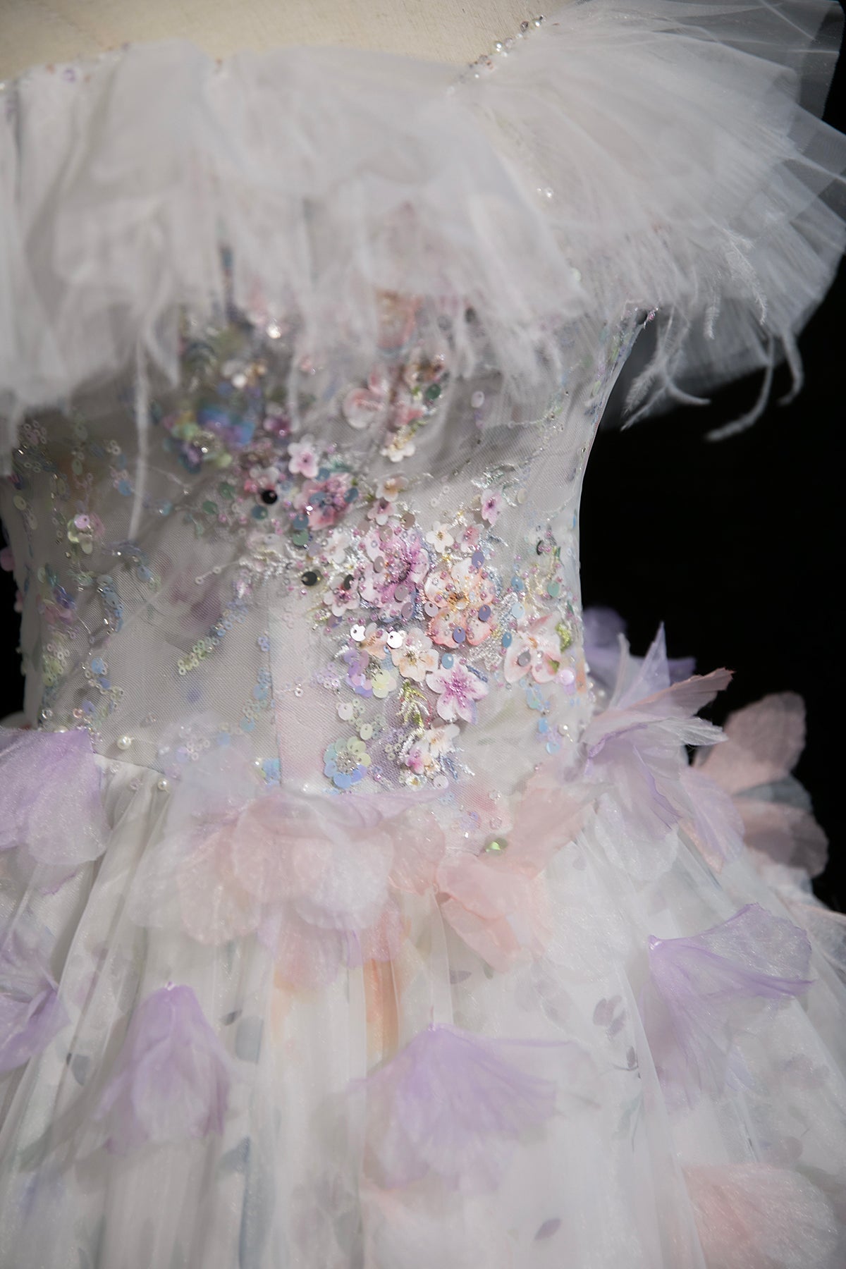 White Floral Print Tulle Long Prom Dress, Beautiful A-Line Party Dress