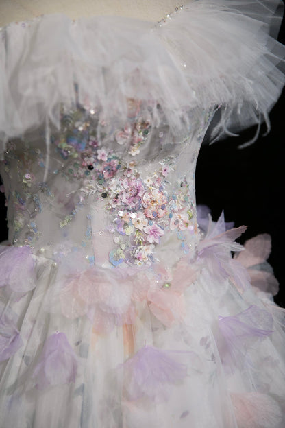 White Floral Print Tulle Long Prom Dress, Beautiful A-Line Party Dress