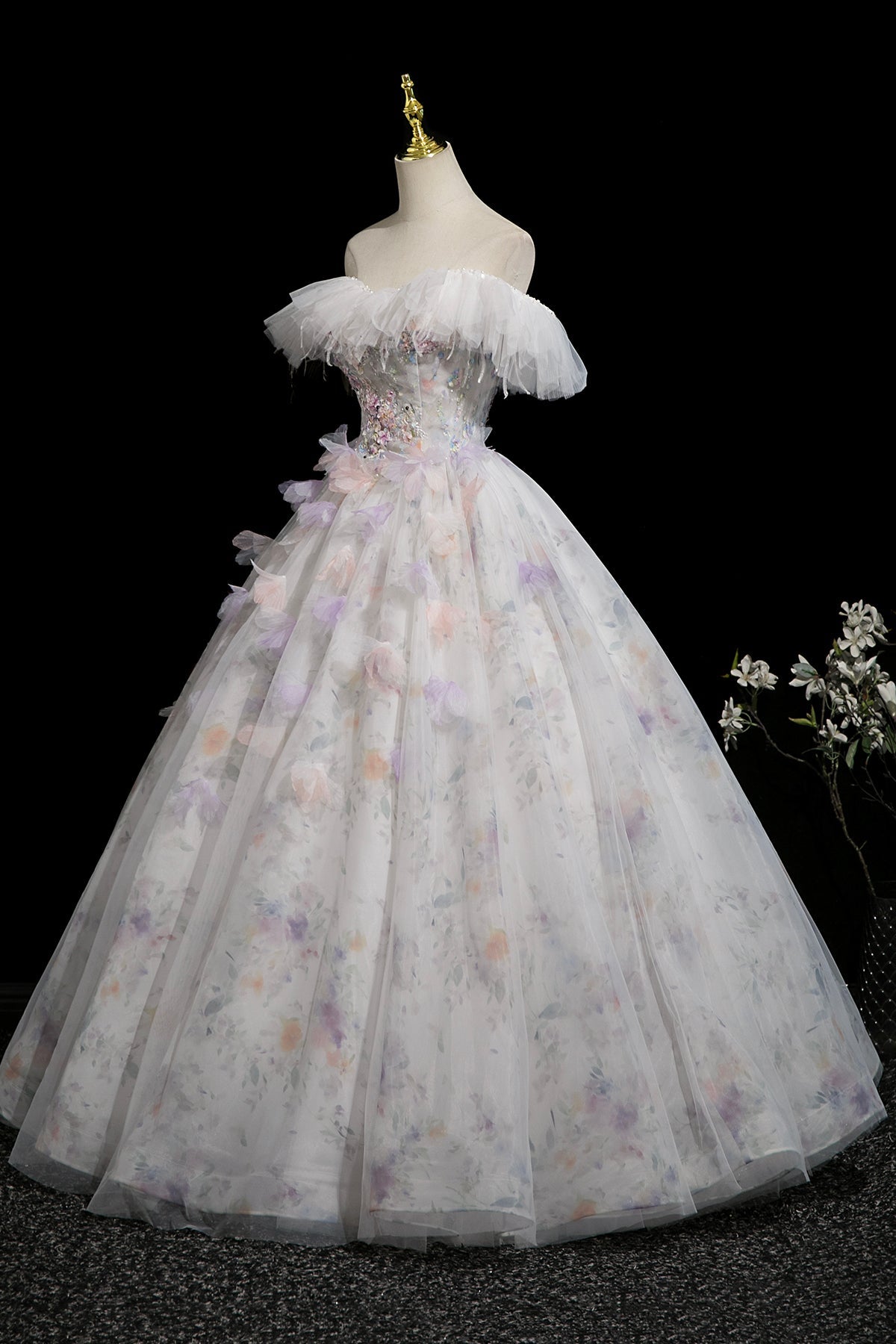 White Floral Print Tulle Long Prom Dress, Beautiful A-Line Party Dress