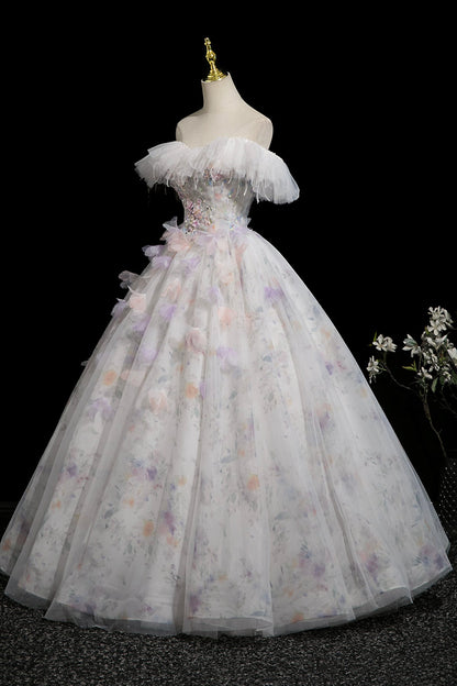 White Floral Print Tulle Long Prom Dress, Beautiful A-Line Party Dress