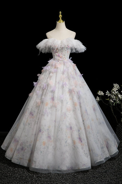 White Floral Print Tulle Long Prom Dress, Beautiful A-Line Party Dress