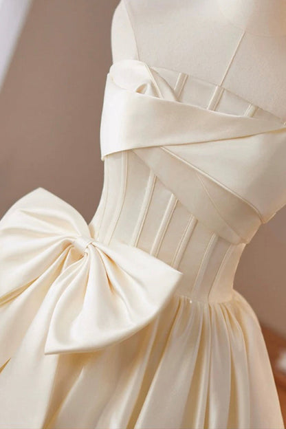 Champagne Satin Short Prom Dress, A-Line Strapless Party Dress with Corset