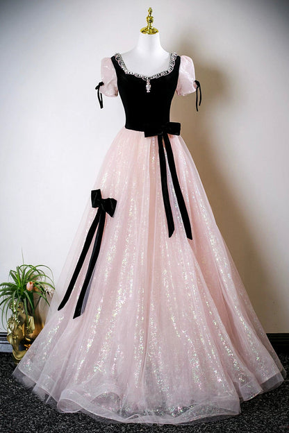 Black Velvet and Pink Tulle Long Prom Dress, A-Line Short Sleeve Party Dress