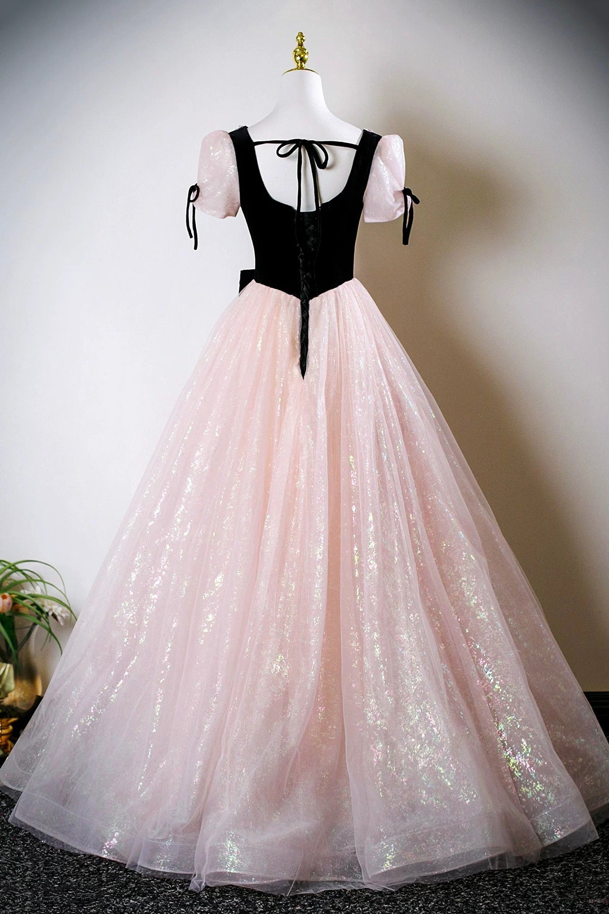 Black Velvet and Pink Tulle Long Prom Dress, A-Line Short Sleeve Party Dress