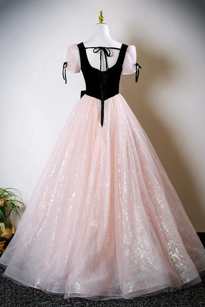 Black Velvet and Pink Tulle Long Prom Dress, A-Line Short Sleeve Party Dress