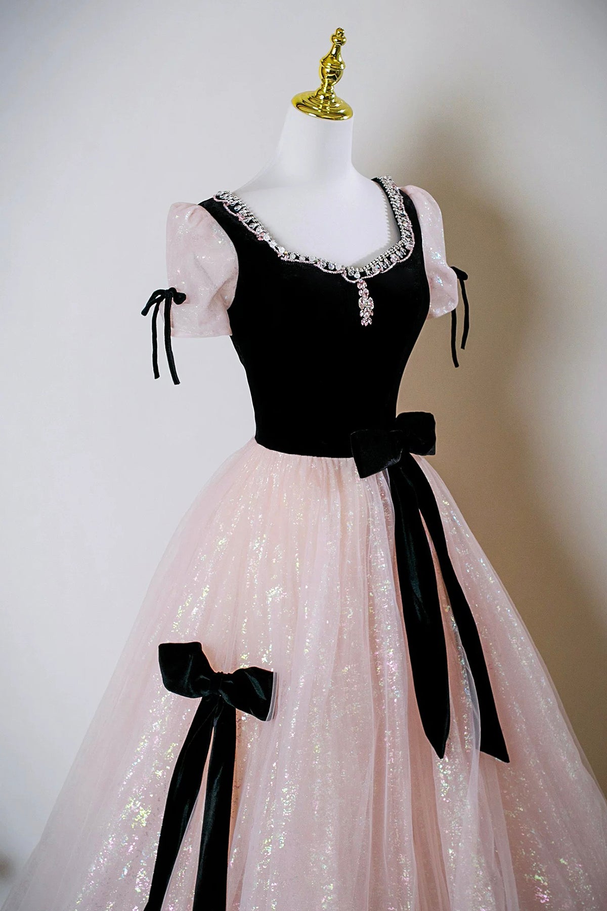 Black Velvet and Pink Tulle Long Prom Dress, A-Line Short Sleeve Party Dress