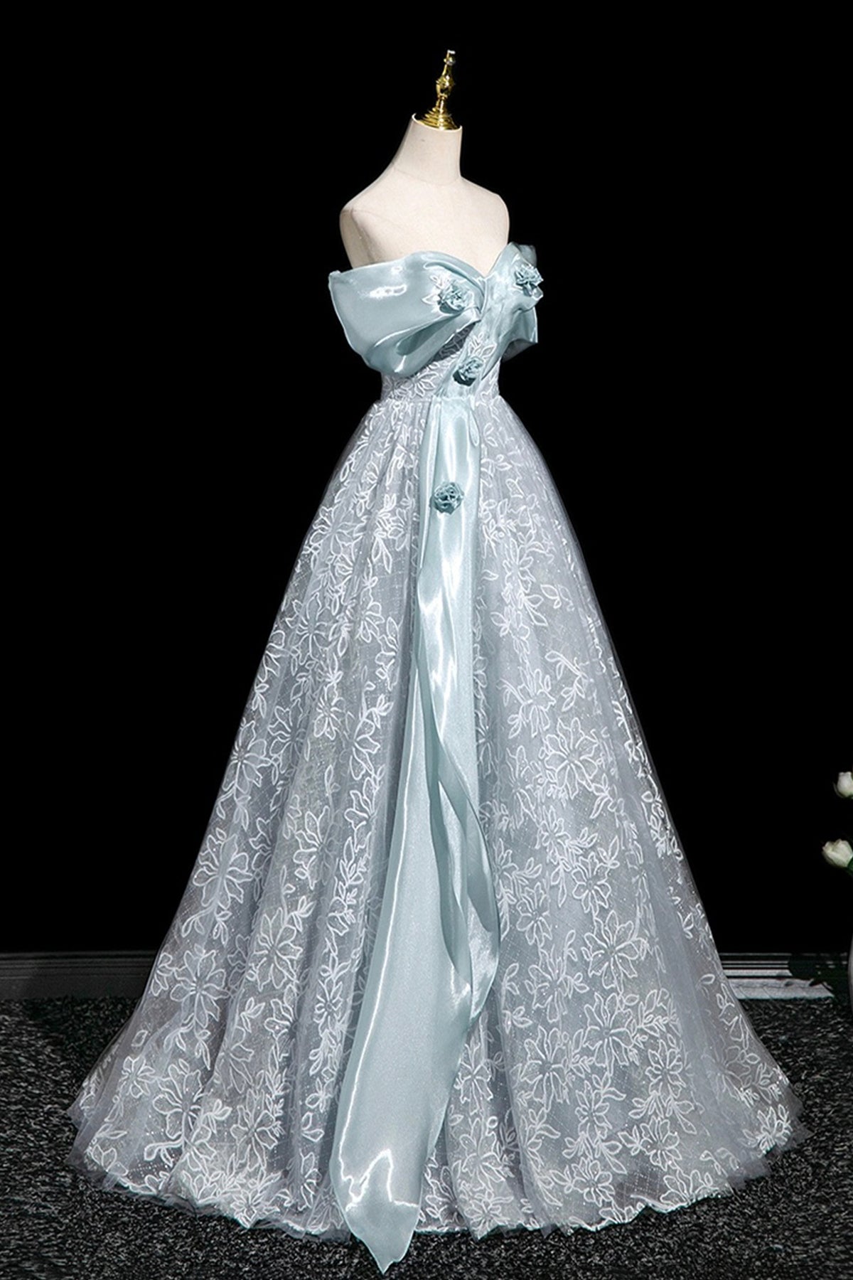 Blue Tulle Lace Long Prom Dress, Beautiful A-Line Evening Party Dress