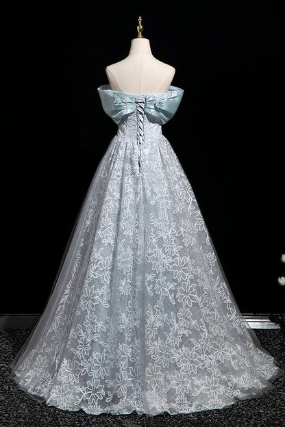 Blue Tulle Lace Long Prom Dress, Beautiful A-Line Evening Party Dress