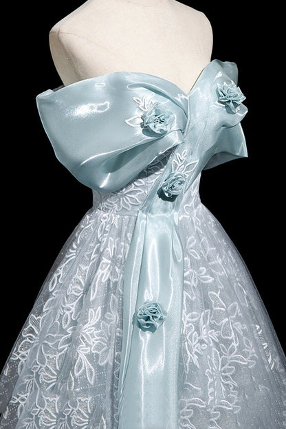 Blue Tulle Lace Long Prom Dress, Beautiful A-Line Evening Party Dress