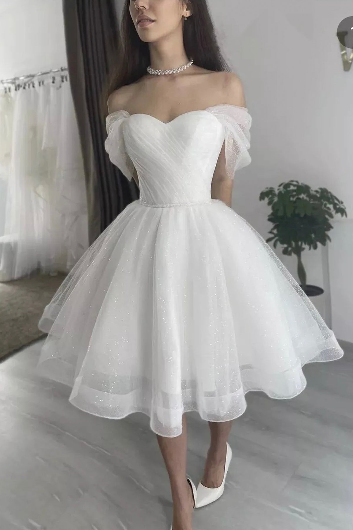 White Tulle Short A-Line Prom Dress, Lovely Off the Shoulder Party Dress