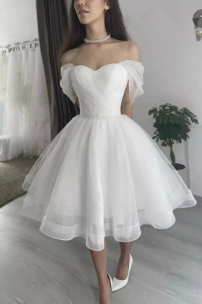 White Tulle Short A-Line Prom Dress, Lovely Off the Shoulder Party Dress