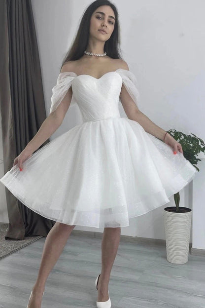 White Tulle Short A-Line Prom Dress, Lovely Off the Shoulder Party Dress