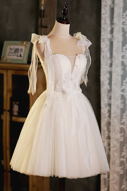 Light Champagne Spaghetti Strap Short Prom Dress, Cute A-Line Tulle Evening Party Dress