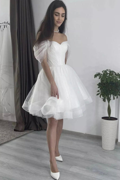 White Tulle Short A-Line Prom Dress, Lovely Off the Shoulder Party Dress
