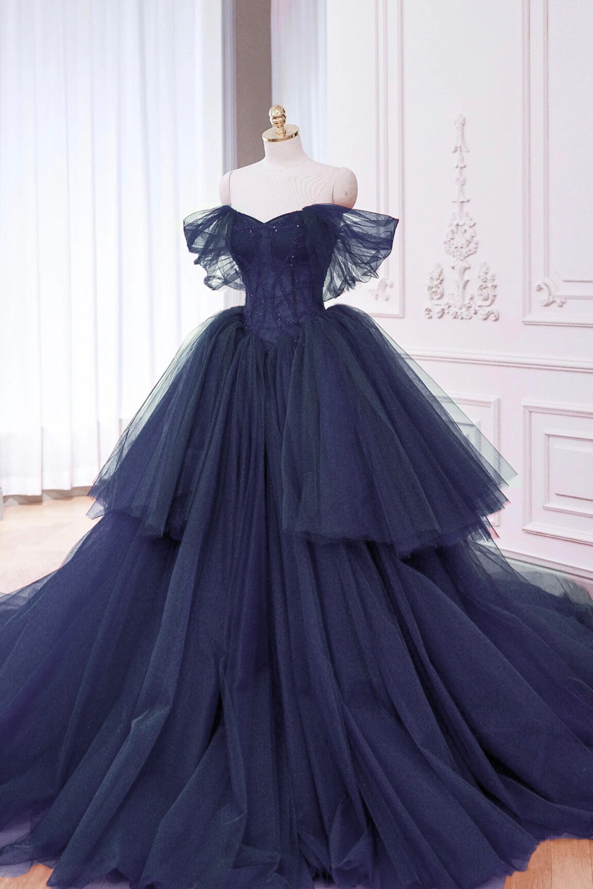 Navy Tulle Beads Long Prom Dress, A-Line Off the Shoulder Formal Evening Dress