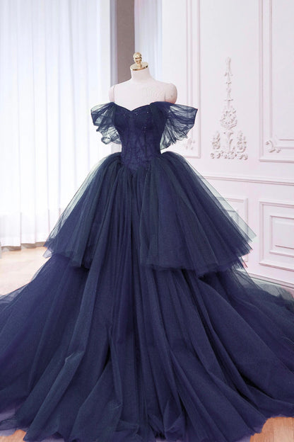 Navy Tulle Beads Long Prom Dress, A-Line Off the Shoulder Formal Evening Dress
