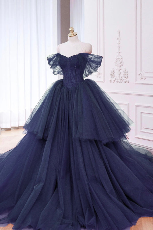 Navy Tulle Beads Long Prom Dress, A-Line Off the Shoulder Formal Evening Dress