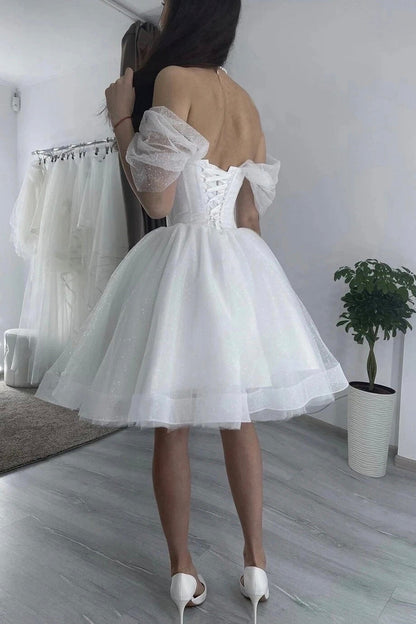 White Tulle Short A-Line Prom Dress, Lovely Off the Shoulder Party Dress