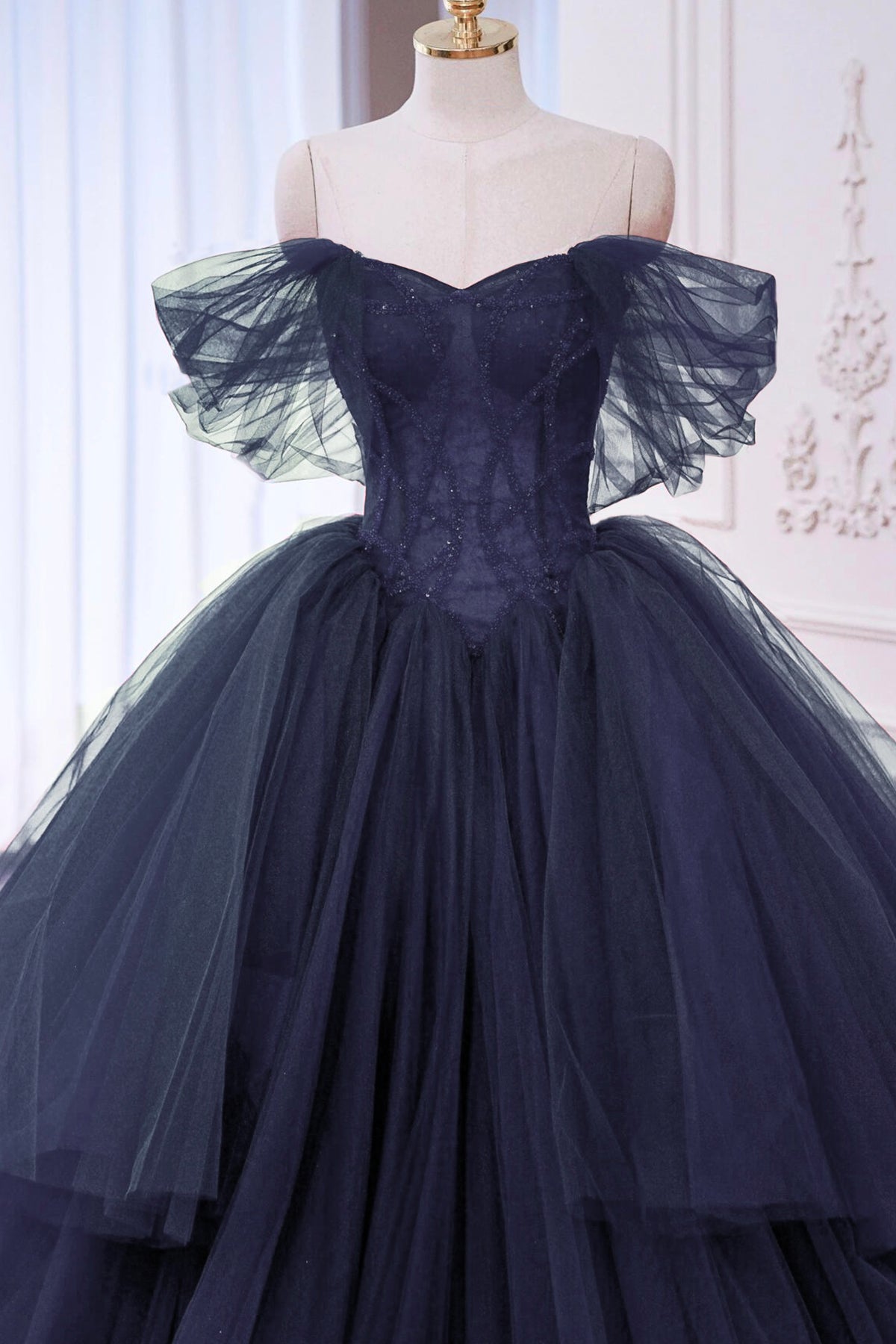 Navy Tulle Beads Long Prom Dress, A-Line Off the Shoulder Formal Evening Dress