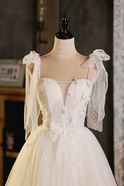 Light Champagne Spaghetti Strap Short Prom Dress, Cute A-Line Tulle Evening Party Dress