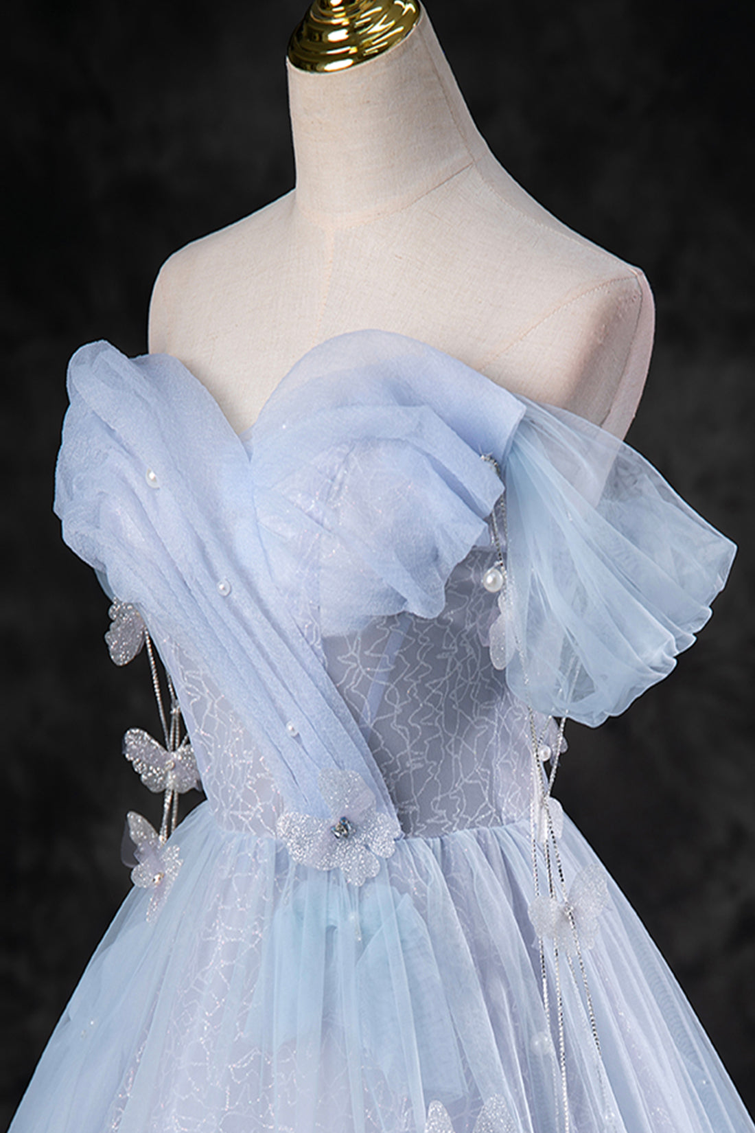 Blue Tulle Long A-Line Prom Dress Party Dress, Beautiful Off the Shoulder Blue Evening Dress