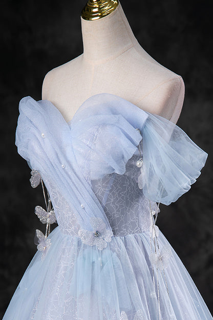 Blue Tulle Long A-Line Prom Dress Party Dress, Beautiful Off the Shoulder Blue Evening Dress