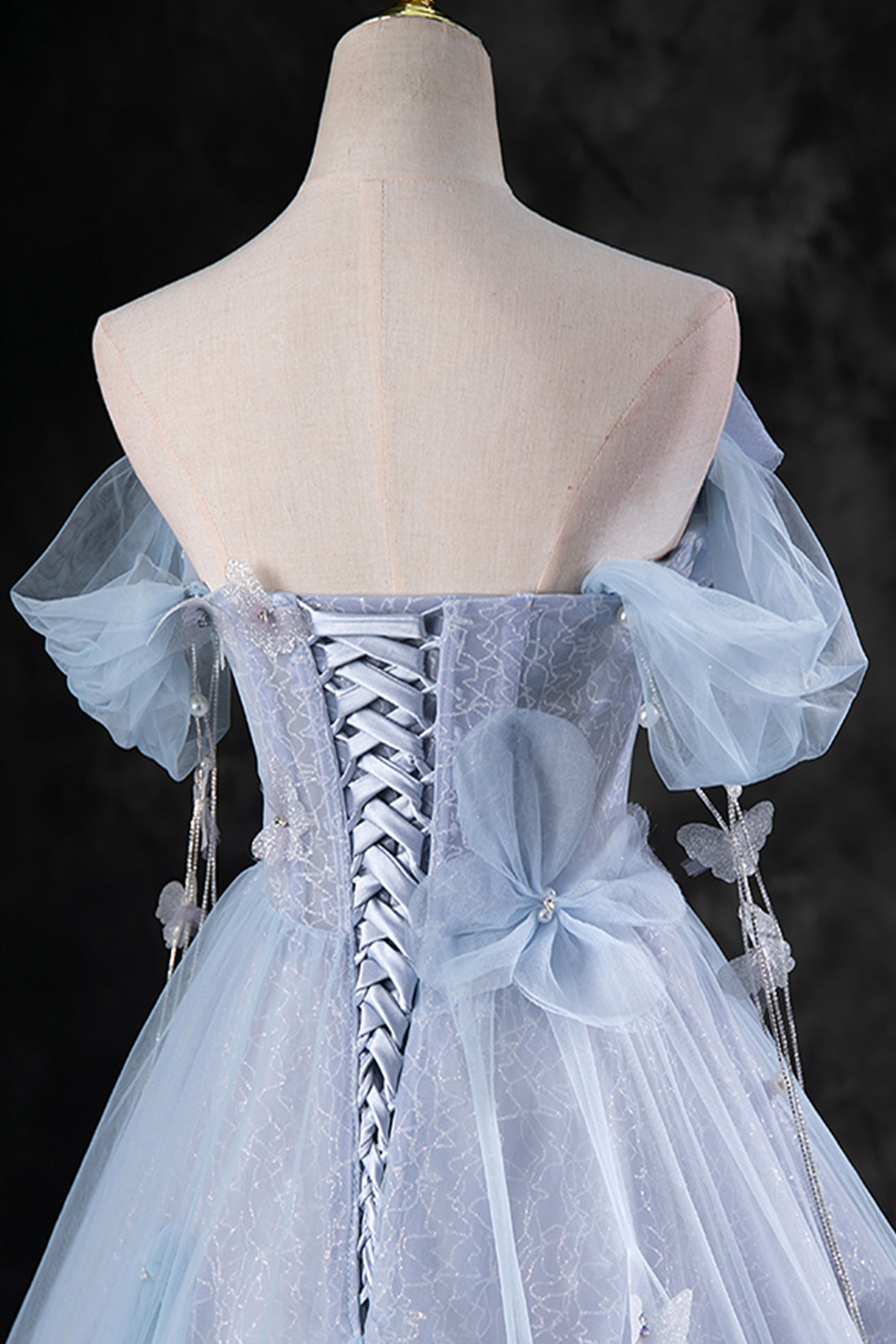 Blue Tulle Long A-Line Prom Dress Party Dress, Beautiful Off the Shoulder Blue Evening Dress