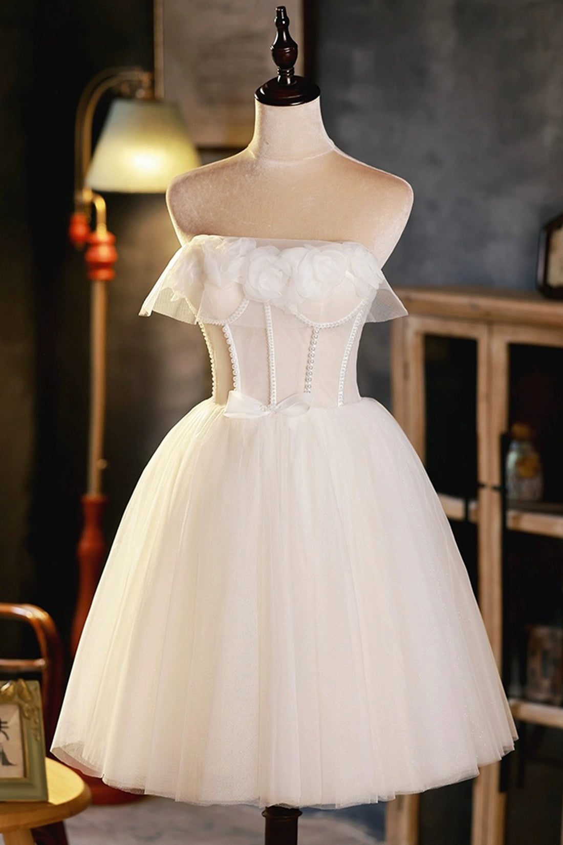 Light Champagne Strapless Tulle Short Prom Dress with 3D Flowers, Cute A-Line Party Dress