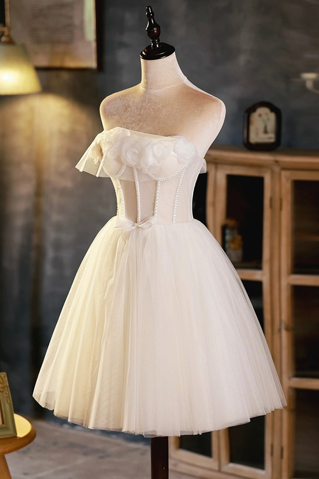 Light Champagne Strapless Tulle Short Prom Dress with 3D Flowers, Cute A-Line Party Dress