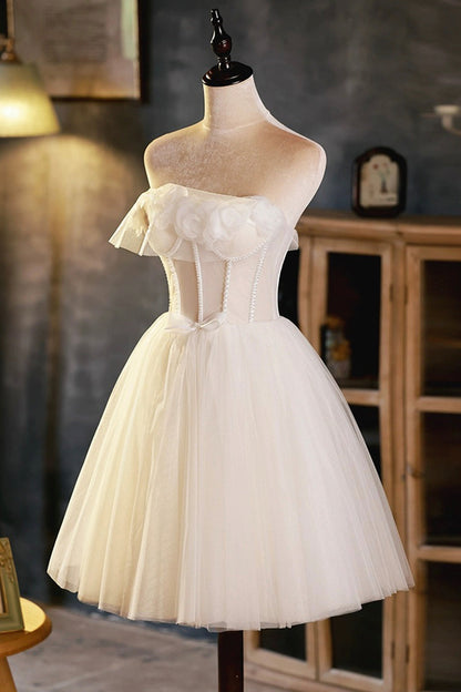 Light Champagne Strapless Tulle Short Prom Dress with 3D Flowers, Cute A-Line Party Dress