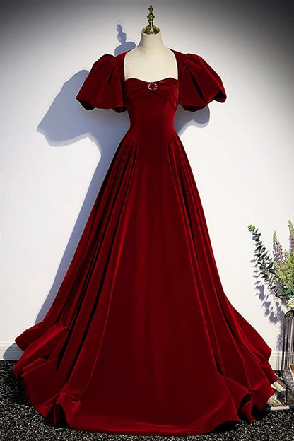 Elegant Velvet Floor Length Prom Dress, Burgundy Open Back Short Sleeve Evening Dress