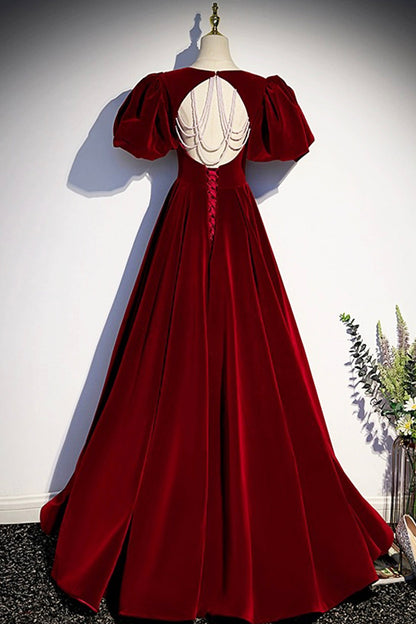 Elegant Velvet Floor Length Prom Dress, Burgundy Open Back Short Sleeve Evening Dress
