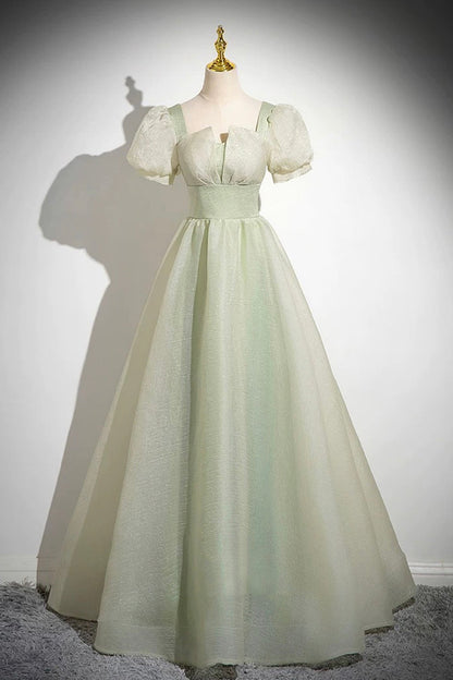 Green Tulle Long Prom Dress, Green A-Line Short Sleeve Evening Party Dress