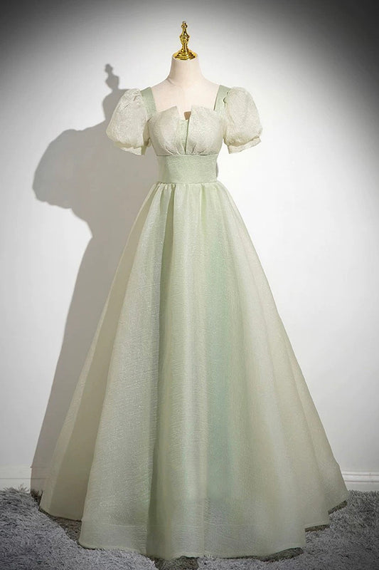 Green Tulle Long Prom Dress, Green A-Line Short Sleeve Evening Party Dress