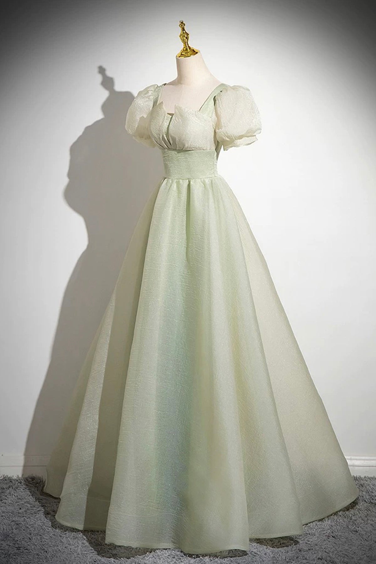 Green Tulle Long Prom Dress, Green A-Line Short Sleeve Evening Party Dress