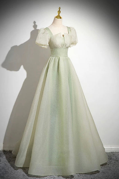 Green Tulle Long Prom Dress, Green A-Line Short Sleeve Evening Party Dress