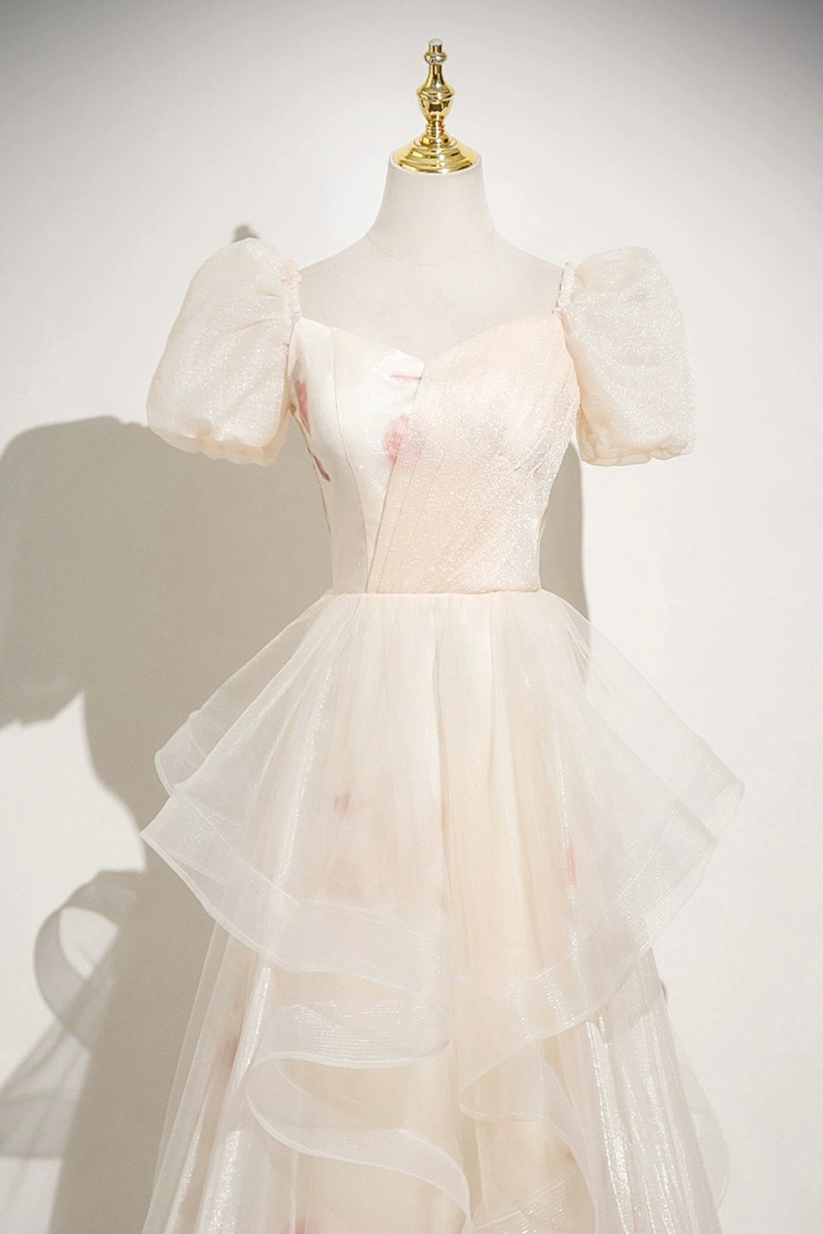 Champagne Printed Pattern Tulle Long Prom Dress, Off the Shoulder A-Line Party Dress