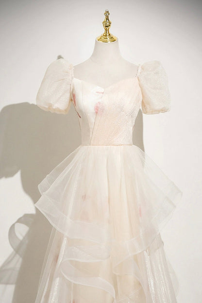 Champagne Printed Pattern Tulle Long Prom Dress, Off the Shoulder A-Line Party Dress