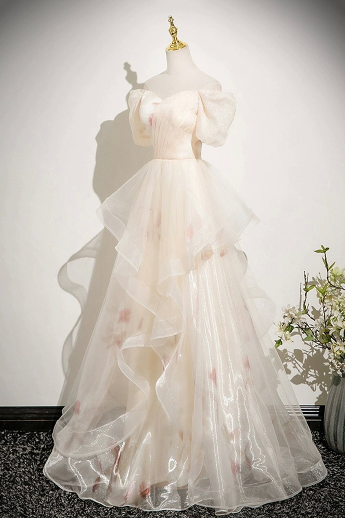 Champagne Printed Pattern Tulle Long Prom Dress, Off the Shoulder A-Line Party Dress