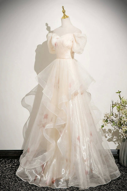 Champagne Printed Pattern Tulle Long Prom Dress, Off the Shoulder A-Line Party Dress