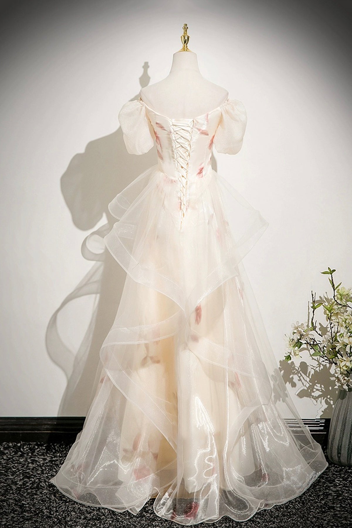 Champagne Printed Pattern Tulle Long Prom Dress, Off the Shoulder A-Line Party Dress