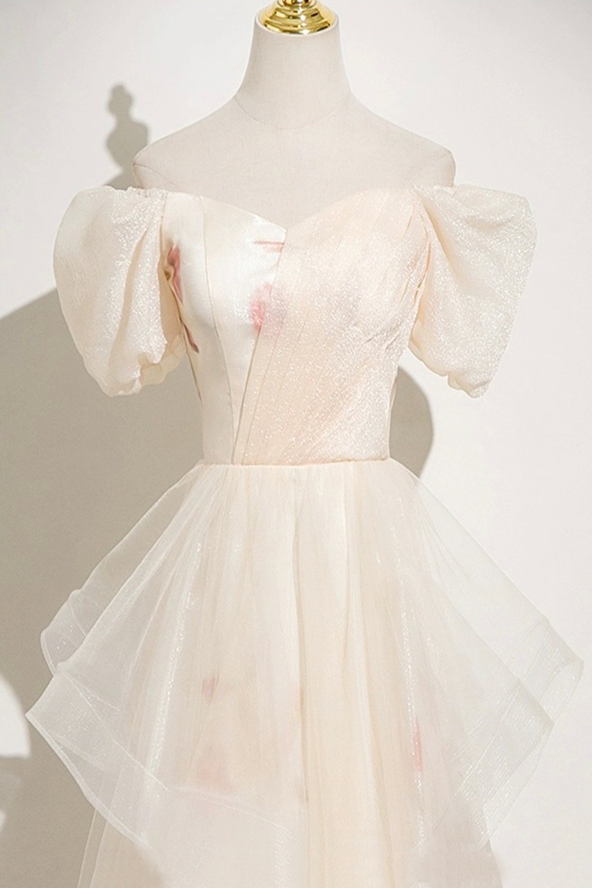 Champagne Printed Pattern Tulle Long Prom Dress, Off the Shoulder A-Line Party Dress